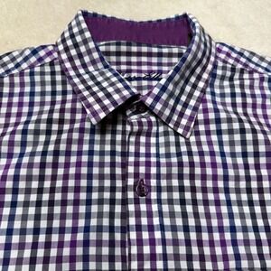 Tasso Elba Mens Long Sleeve Gingham Button Up Shirt Purple Blue Gray Size L